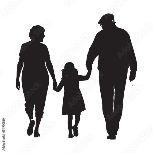 Vector silhouette illustration of grandparents walking with their granddaughter