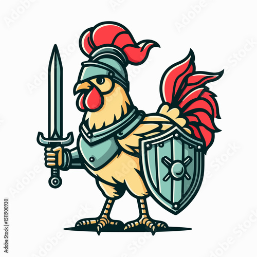 Courageous Rooster Knight: A stylized illustration of a gallant rooster, armored and armed with sword and shield, epitomizing courage and valor.