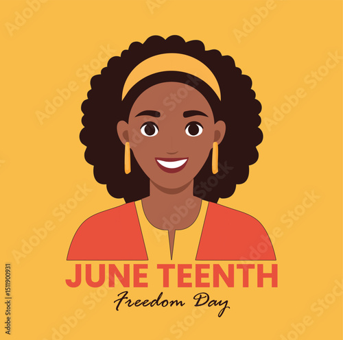 Happy African American woman celebrating Juneteenth Freedom Day on yellow background. Perfect for awareness, education, and diversity-themed designs