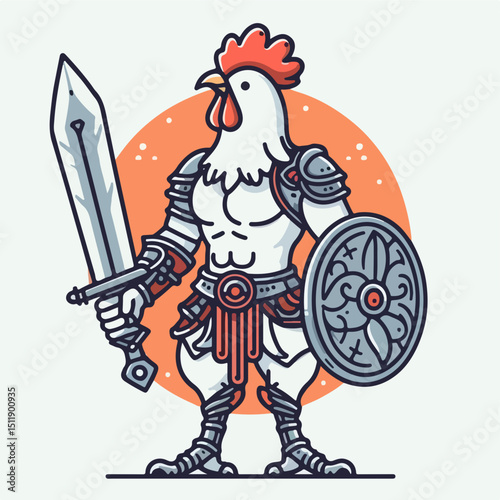 Valiant Rooster Defender: A gallant rooster stands poised, clad in gleaming armor and brandishing a sword and shield, embodying courage and readiness.