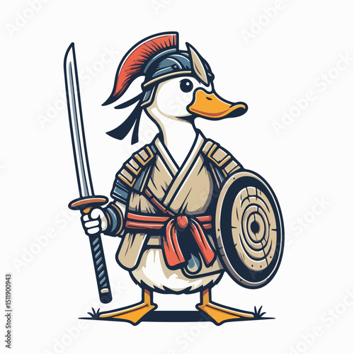 Duck Warrior: This illustration depicts a duck warrior in full samurai attire, brandishing a katana and shield, symbolizing strength and courage.