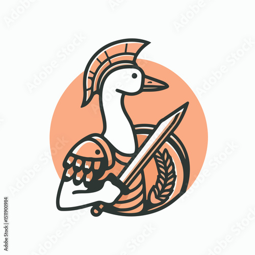 Brave Goose in Armor: An illustration showcases a goose in Roman attire, a strong visual symbol of courage, tenacity, and a hint of historical charm, holding a blade.