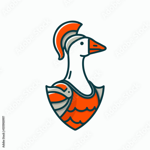 Goose in Roman Armor: A stylized illustration of a goose wearing a Roman helmet and armor, set against a simple background. The image features a clean line art style and bold color palette.