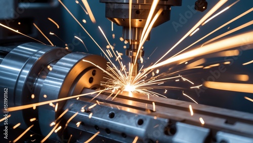 Close-up of metalworking process with sparks flying from cutting tool in industrial workshop photo