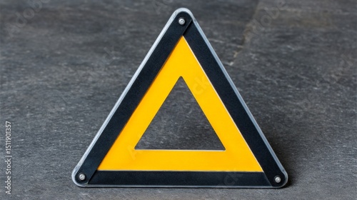 Bright yellow warning triangle sign placed on a dark asphalt surface for safety alert photo