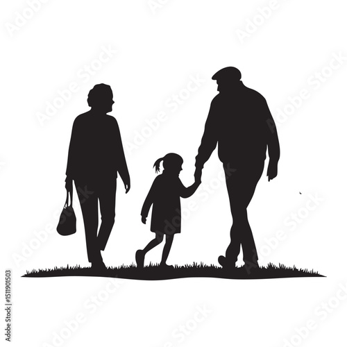 Vector silhouette illustration of grandparents walking with their granddaughter