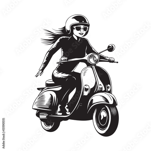 Happy young woman on a scooter on the street and smiling image vector