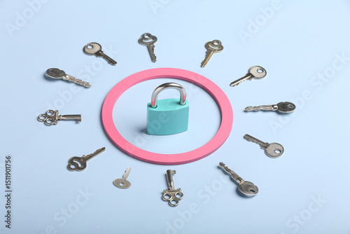 Photos check-lock and different keys on a coloured background, the concept of protectio
