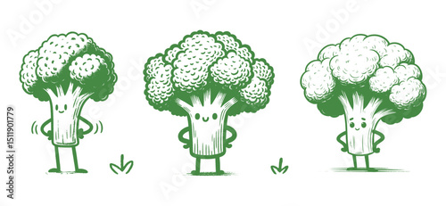 Set of three cartoon broccoli characters standing confidently with cheerful expressions, evoking playfulness and charm, vector collection