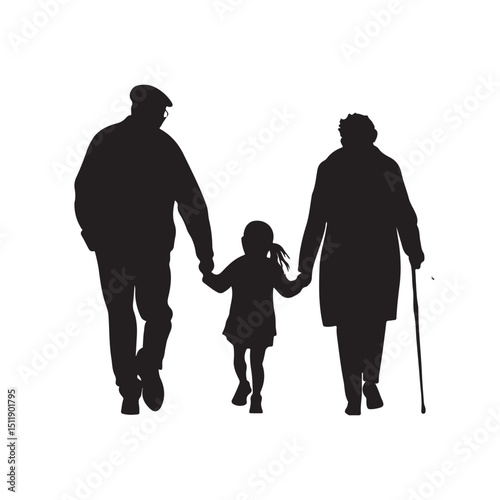 Vector silhouette illustration of grandparents walking with their granddaughter