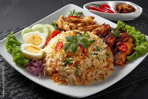 Fusion style rice, vegetable and chicken plate - oriental cuisine photo