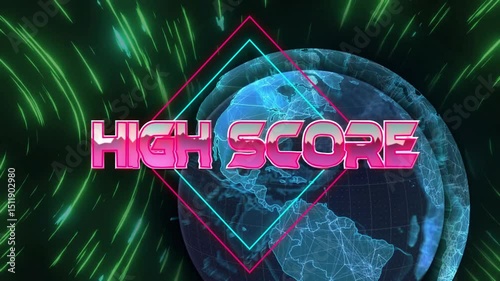 Neon green streaks converging rotating 3D globe sliding HIGH SCORE text pulsing diamond for reveal