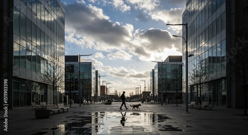Silhouette of a person walking a dog on a leash through a modern urban plaza. Glass office buildings reflect the cloudy sky and sunlight, with puddles on the wet pavement.