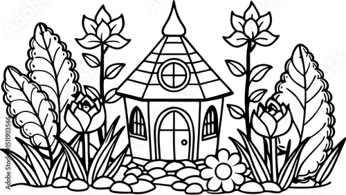 Vector black and white flower fairy house line icon. Woodland princess home clipart. Fantasy forest cottage illustration, coloring page. Magic fairytale dwelling shaped as tulip, roses, peonies 