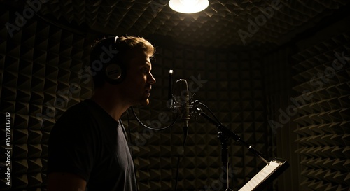 Young Caucasian man with headphones recording audio in a professional soundproof booth. Male voice actor or singer working in a dark studio with microphone and acoustic foam.