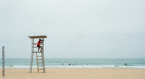 Male lifeguard in a red shirt on a watchtower at a sandy beach, observing swimmers in the ocean. Coastal safety and surveillance on an overcast day by the sea.