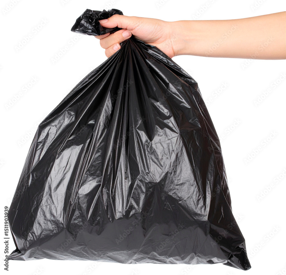 hand holding black garbage plastic isolated on white background hand holding black garbage plastic isolated on white background