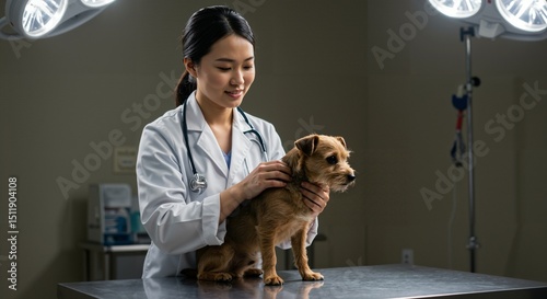 Young Asian Female Veterinarian Examining a Small Brown Dog on a Metal Table in a Clinic. Professional Pet Healthcare and Animal Wellness Checkup.