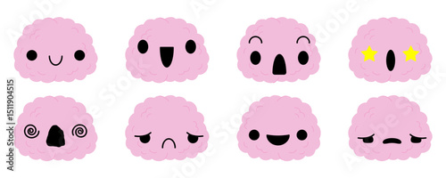 Cartoon cute brain with face set. Brain character with emotions. Internal human organs. Stock vector illustration isolated on white background.