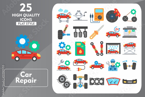 Car Repair Flat Icon Set. Incleded Icons Broken Car, Lubricant, Mechanic, Wheel Alignment, Wheel, Chassis, Gasket, Wiper. Vector Icons Collection