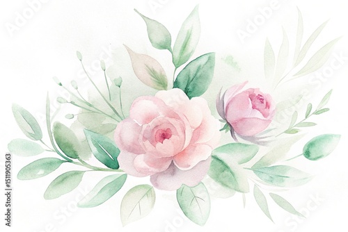 Watercolor floral arrangement with pink roses and green leaves