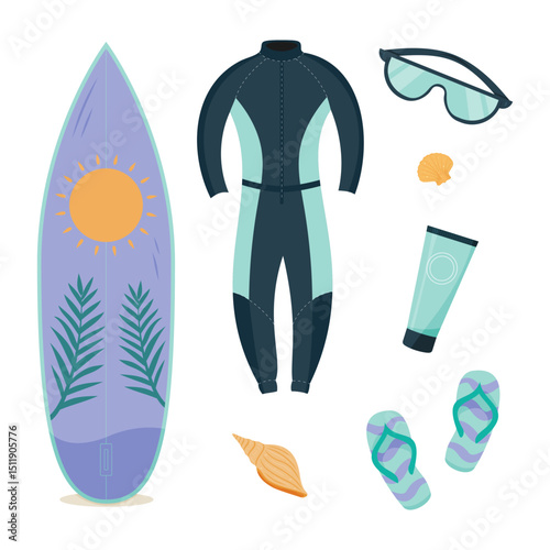 Surfing gear and accessories ready for a sunny beach day