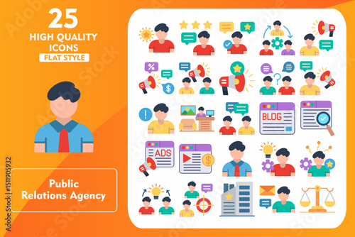 Public Reaction Agency Flat Icon Set. Incleded Icons Brand, Lobby, Initiative, Specialist, Collaboration, Focus Group, Firm, Message, Ethics, Feedback. Vector Icons Collection