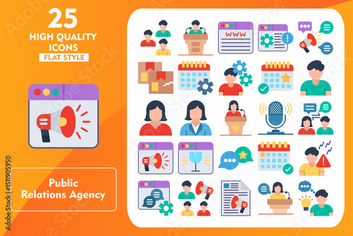Public Reaction Agency Flat Icon Set. Incleded Icons Audiences, Press Conference, Www, Information Management, Propaganda, Damaged Package. Vector Icons Collection