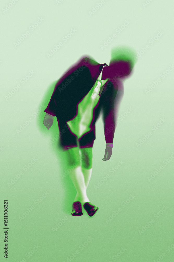 Obraz premium Abstract figure in suit and shorts, bending forward, with green and purple color overlay, against light green background. Concept of dreamlike motion, futurism, surreal movement. Digital artwork.