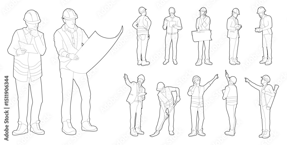Architects and construction workers people in editable vector lines