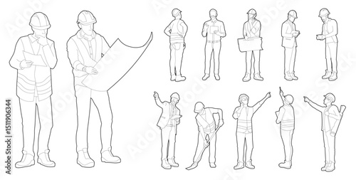 Architects and construction workers people in editable vector lines