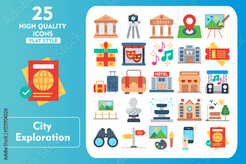 City Exploration Flat Icon Set. Incleded Icons Monument, Suitcase, City Hall, Park, Binoculars, Street Sign, Art, Selfie, Passport, Camera Stand. Vector Icons Collection