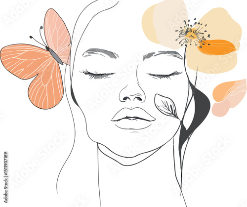 Elegant Woman Line Art with Butterfly and Flowers Minimalist Style Beauty and Femininity Concept Isolated on White Background Vector Illustration for Design