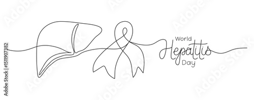 One line Liver and ribbon on World Hepatitis Day text banner template. Editable stroke hand drawn lettering. Continuous art background. Outline drawing typography Inflammatory disease.