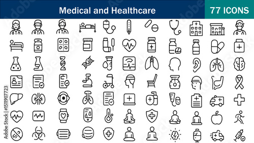 Medical Icons, Healthcare Line Art, Hospital Equipment & Doctor Symbols in 77 icon set Clean Vector Illustrations for Web, App, and Print Design