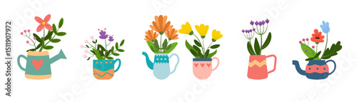 Collection flower in pot. vector illustration
