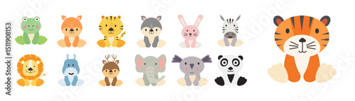 Cute cartoon animal bundle with frog, fox, tiger, wolf, rabbit, zebra, lion, hippo, deer, elephant, koala, and panda