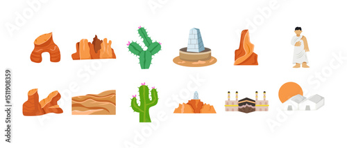 Hajj and Umrah flat cartoon vector illustration with Eid al-Adha Mubarak greeting
