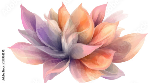 Title: Gradient Watercolor Flower with Layered Leaves Isolated on White Background