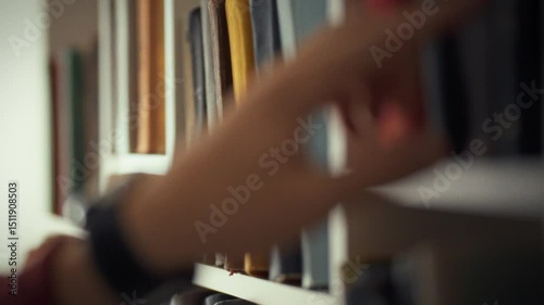 A hand delicately points toward a book on a shelf filled with neatly arranged literature in a cozy study. The warm ambiance indicates a serene reading environment