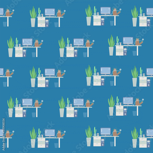 Seamless pattern. Humorous vector illustration of a mischievous cat sitting on a desk, biting a computer wire and getting a small electric shock with sparks flying.