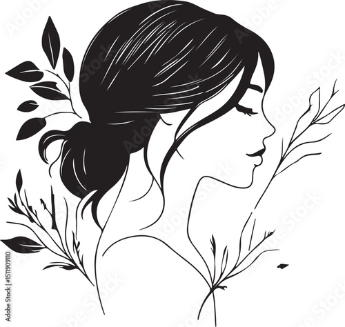 Elegant Woman Profile with Floral Accents in Black and White Minimalist Portrait with Nature Inspired Design Feminine Beauty Illustration