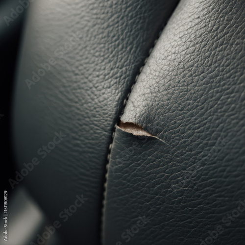 Damaged Interior Car Seat with Ripped Leather Surface