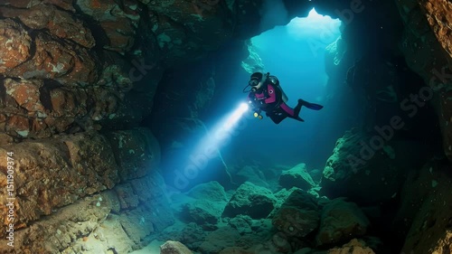 Wallpaper Mural Underwater Cave Exploration: Scuba Diver with Light Torontodigital.ca
