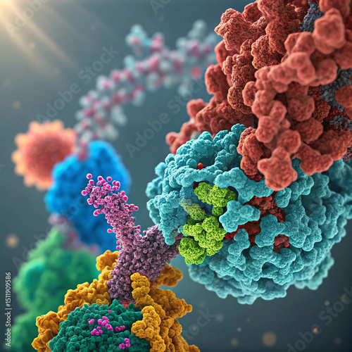 Colorful representation of protein structures under microscopic view displaying intricate details of biological molecules