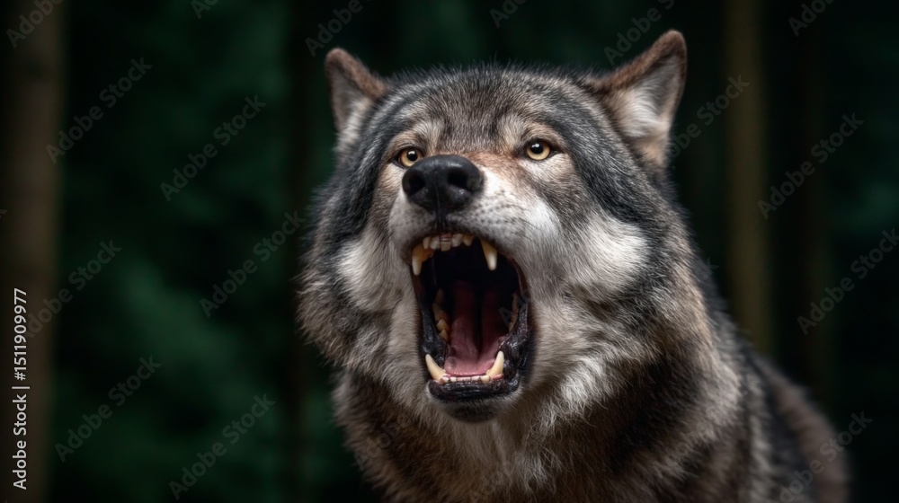 Obraz premium An aggressive wolf with bared teeth and intense expression in a forest setting