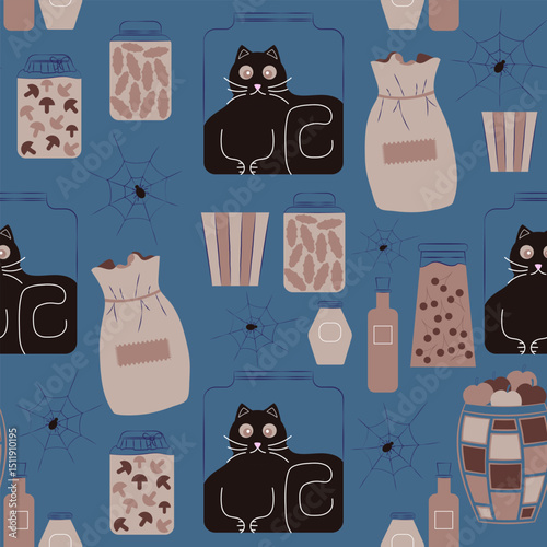Seamless pattern. omical animal-themed vector illustration showing a curious black cat trapped inside a transparent jar on a pantry shelf. Perfect for animal lovers and humorous pet-related designs.