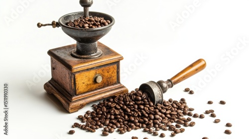 Vintage coffee grinder with beans scattered around, evoking a rich aroma and a sense of nostalgia. photo