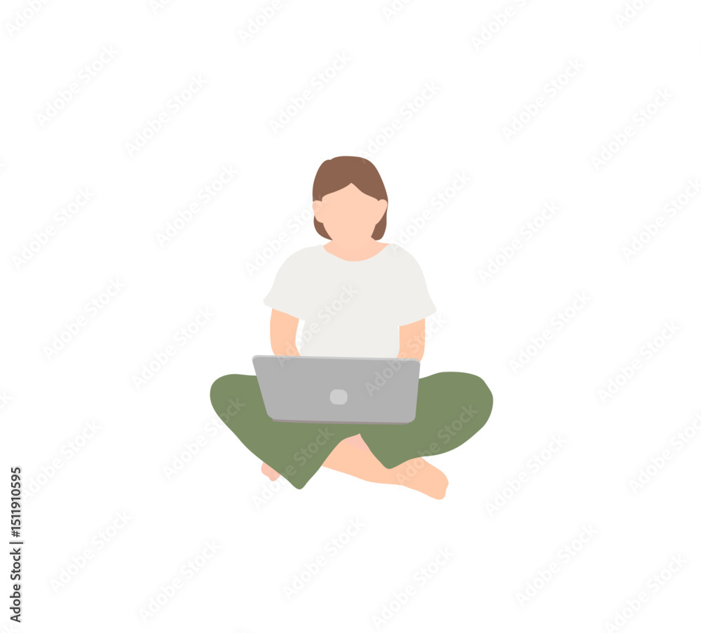Woman working remotely on laptop, simple flat style illustration Woman working remotely on laptop, simple flat style illustration