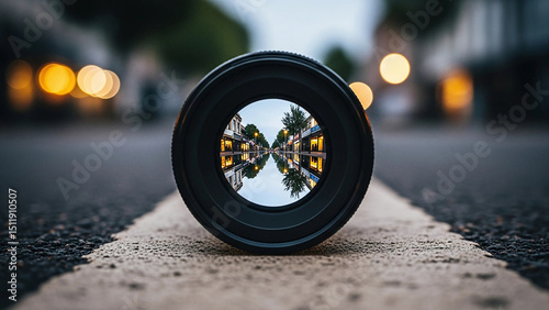 A camera lens reflects a city street scene at dusk creating a captivating urban landscape view